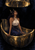 Horned woman in white and deep blue seated in a gilded bronze vessel beneath an immense bell over dark water.