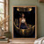 Horned woman in white and deep blue seated in a gilded bronze vessel beneath an immense bell over dark water.; frame shown for styling only