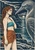 Auburn-haired siren in turquoise and rust beside a great navy-and-cream seabird at a rocky cove.