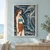 Auburn-haired siren in turquoise and rust beside a great navy-and-cream seabird at a rocky cove.; frame shown for styling only