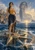 Shore siren in saffron and navy standing on a stone compass rose beneath a giant translucent face and seabirds.