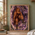 Copper-braided dwarf woman in garnet and brass beside a giant violet moth among amethyst crystals.; frame shown for styling only