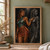 Horned woman in teal and rust touching a dark marble sculpture of herself marked with golden seams.; frame shown for styling only