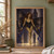 Auburn-haired horned woman with eyespotted moth wings, a black outfit and blue ribbons before distant shadow silhouettes.; frame shown for styling only