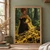 Copper-haired spirit in a black gown with a bright golden branching mantle spreading across mossy fallen wood.; frame shown for styling only