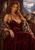 Red-haired woman in a burgundy gown seated on an ornate throne with two cats, a bird of prey, and mountains behind her.