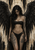 Dark-haired woman with her head bowed, tattoo-like body art, and large black feathered wings against a distressed pale wall.