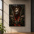 Snarling lion framed by weathered metal panels and large gears, with a fiery red-orange glow below.; frame shown for styling only
