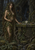 Leafy-clad woman holding a shallow bowl beside a moss-covered stone altar with white flowers in a shadowy forest grotto.