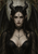 Pale, horned fantasy woman with pointed ears and dark wings, framed by thorn-like markings on her forehead and chest.