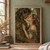 A pointed-eared man and flower-crowned woman lean toward a kiss, surrounded by dense leaves and blossoms.; frame shown for styling only