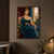 Crowned woman in a teal-blue gown holding a gold staff beside a peacock in an ornate throne room.; frame shown for styling only