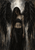 A downcast tattooed woman in a dark outfit stands between enormous black feathered wings.