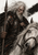 An older white-haired armored man with a spear beside a close-cropped pale horse.