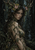 Dark-haired woman with a crown of branches and flowers stands amid vines and shadowy forest foliage.