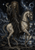 Lion-headed armored rider on a pale horse with snakes beneath a starry sky and dark moon.