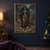 Blue-gray four-armed goddess figure holding a trident amid skulls, with gold ornaments, red drapery, and a smoky ruined background.; frame shown for styling only