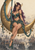 Purple-haired horned woman in teal and gold seated on a patterned crescent above a dense city.