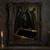 Dark raven perched on an ornate open chest, holding a red jewel as a crown-like shadow falls on the stone wall.; frame shown for styling only