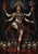 Pale four-armed figure with a trident, flame, jewelry, and skull garland above red water lined with skulls.
