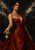 Dark-haired woman in a red-and-black gown reaching toward a golden apple, with ruined classical structures and distant figures on opposing cliffs.