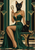 Seated black cat-headed woman in a dark green gown and gold jewelry with a second black cat, framed by green-and-gold panels.