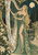 Blonde woman in a green-and-gold gown plays an ornate harp in a moonlit garden with flowers and water.