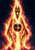 Fiery bearded figure with glowing eyes holding a dark orb against a starry black background.