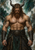 A muscular bearded figure with long hair and curved horns wears dark bracers and a patterned belt against a teal-and-pale backdrop.
