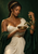 Dark-skinned woman in white and green drapery holding an ornate bowl as a green snake coils around her raised arm; braided hair and gold ornament against dark green.