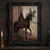 Hooded armored rider on a black horse beside a large creature-like shadow on a weathered wall.; frame shown for styling only