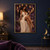 Dark-haired woman in an ivory gown seated on a floating rocky ledge, surrounded by candles beneath a crescent moon.; frame shown for styling only