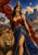 Crowned woman in red and blue beside a lion, holding a sword before city walls and a red banner beneath a star-like motif.