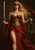 Blindfolded woman in a red dress holding an upright sword and a hanging balance scale against a dark background.