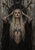 Long-haired tattooed woman with branching antlers and a dark garment against a distressed wall.