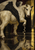 Cream bull with black-and-white wings raises a hoof above falling coins and a human-faced reflection on a polished dark floor.