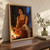 Seated woman in a rust-red dress warming her hands by a small open hearth as a doorway reveals a blue evening landscape.; frame shown for styling only
