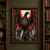 Giant black bird with raised wings and talons towering above a stone castle against cream and red shapes.; frame shown for styling only