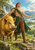 Curly-haired man in a green drape resting his hand on a large golden-brown boar before a sunlit mountain valley.