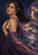 Dark-haired woman in a flowing purple dress and lavender drapery before a luminous landscape of trees, water, cliffs, and a distant arch.