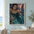Teal-scaled mermaid-like woman in the water with a sailing ship near a sunset and underwater rocks.; frame shown for styling only