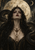 Crowned dark-haired woman with lowered eyes and layered jewelry, framed by dark serpentine forms beneath a large moon.