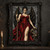 Black-winged woman in a red gown holding a staff beside a large wheel, rendered with engraved hatching on a distressed gray background.; frame shown for styling only