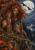 A red-haired, pointed-eared creature crouches on a rocky ledge under a full moon, with autumn leaves, birds, mountains, and a lake.