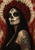 Woman with sugar-skull-style face paint, red rose crown, and spiked gold-toned halo-like ornament against a distressed red-and-cream background.