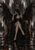 Dark-haired woman seated on a throne with crossed legs and large black feathered wings against a distressed backdrop.