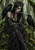 A dark-haired woman in a twisted-branch crown sits in a mossy forest with a raven on her shoulder and another nearby.