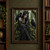 A dark-haired woman in a twisted-branch crown sits in a mossy forest with a raven on her shoulder and another nearby.; frame shown for styling only