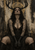 Seated dark-haired woman in a black gown and gloves, with branching antlers, dark body markings, and a distressed vertical background.