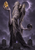 Tattered supernatural figure holding an amber crystal and dark sphere among violet-lit stone markers.